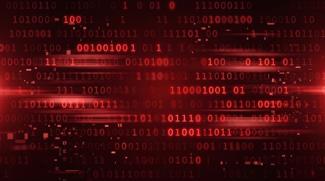 Red binary code matrix with digital data stream and glitch effects.
