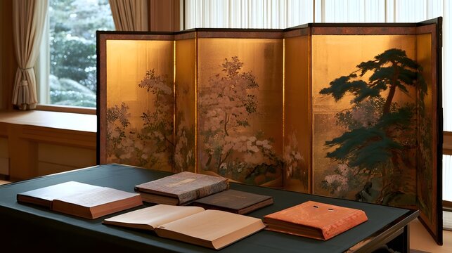 Traditional Japanese folding screen with floral and tree paintings  displayed behind a table with antique books in warm natural light