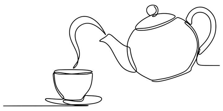 Continuous line drawing teapot pouring hot tea into cup beverage service cafe lifestyle minimal vector graphic decoration.