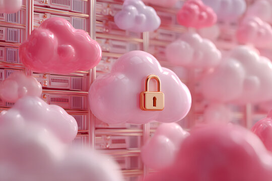 Cloud data storage and cybersecurity concept with padlocks, servers, and cloud icons in playful colorful 3D style on a pink gradient background. Ai generative