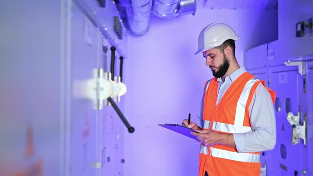 Attentive power technician with a beard, wearing a white hard hat and orange safety vest, documenting inspection details on a clipboard within a secure electrical switchgear room.