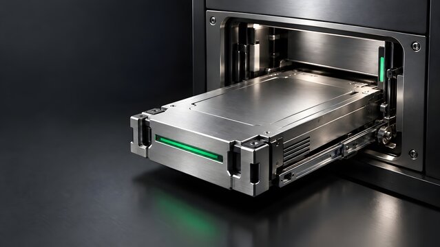 Rugged Data Storage Cartridge Sliding into Secure Metal Bay