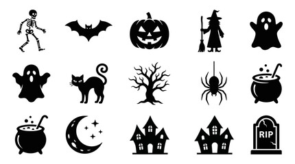 Fototapeta premium Professional Halloween Themed Black and White Icon Set Featuring Spooky Symbols Characters and Objects for Design Projects