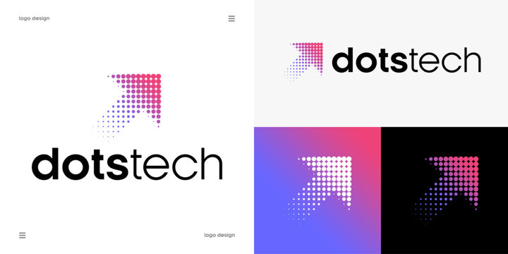 dots tech arrow shape simple logo design, technology innovation, business growth, digital acceleration and marketing success concept, upward arrow formed by halftone dot matrix, vector.