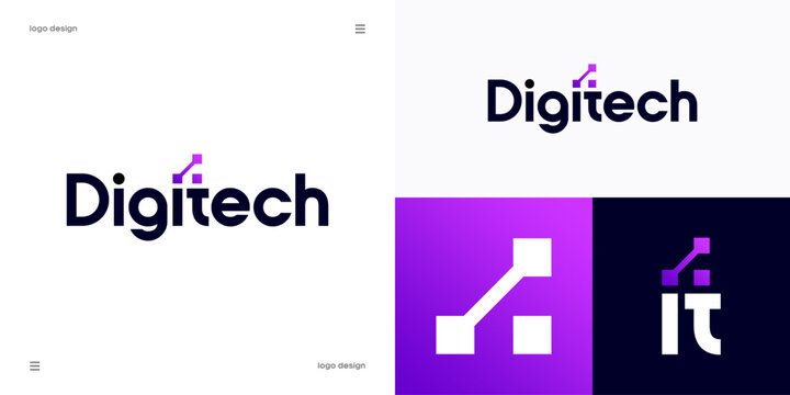 Wordmark Digital tech simple logo design, software development, IT services, digital connectivity and corporate identity concept, custom typography with node and connection icons, vector.