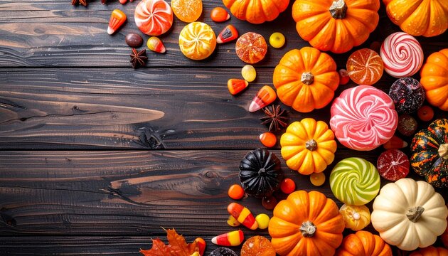 Halloween pumpkins and sweets on dark wooden background with copy space