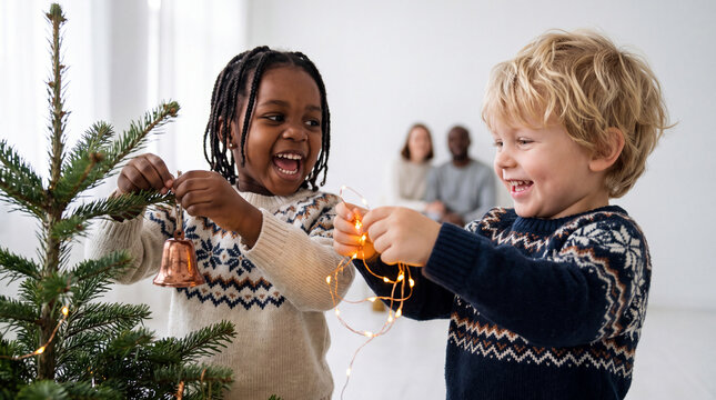 Nigerian and Scandinavian toddlers giggle while decorating a minimalist Christmas tree for clean seasonal advertising design.
