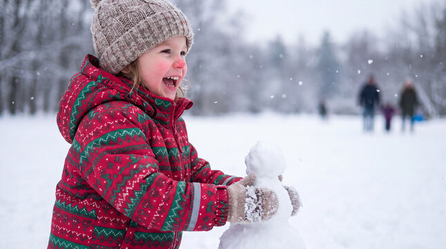 A joyful toddler in festive red and green winter gear builds a snowman outdoors for cheerful Christmas holiday marketing campaigns.