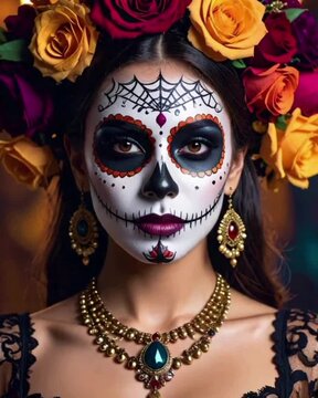 Woman with intricate Day of the Dead face paint, adorned with vibrant roses and ornate jewelry, embodying Mexican cultural tradition.	video
