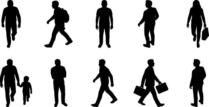 Walking people vector silhouettes set, black human shadow figures collection, architectural scale entourage cutouts for design
