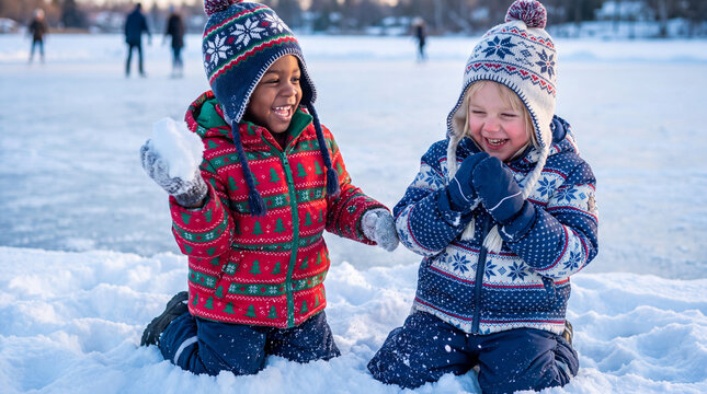 Nigerian and Scandinavian toddlers play a snowball fight by a frozen lake in crisp winter light for seasonal advertising.