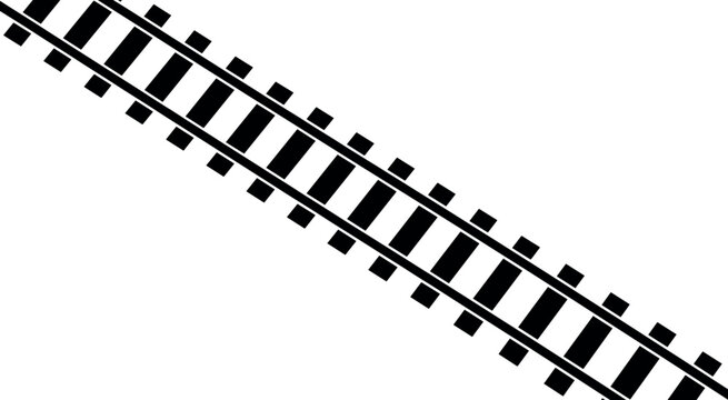 Black and white graphic illustration of parallel train tracks set against a plain white background