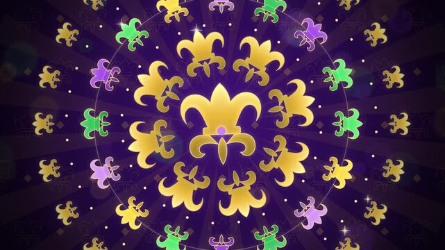 Gold fleur-de-lis rosette with glowing rings on purple seamless loop