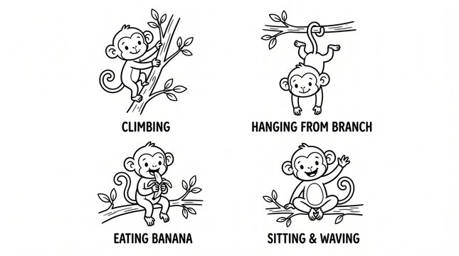 Set of cute cartoon monkeys in different activities for coloring book page.
