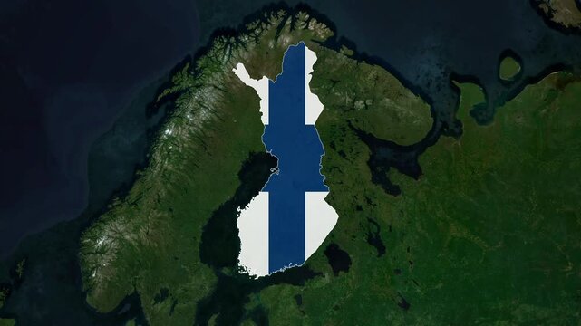 World map animation highlighting finland with national flag and satellite geography view