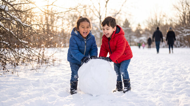 Indigenous and Mediterranean toddlers giggle while rolling a snowball in a snowy meadow for festive winter marketing.
