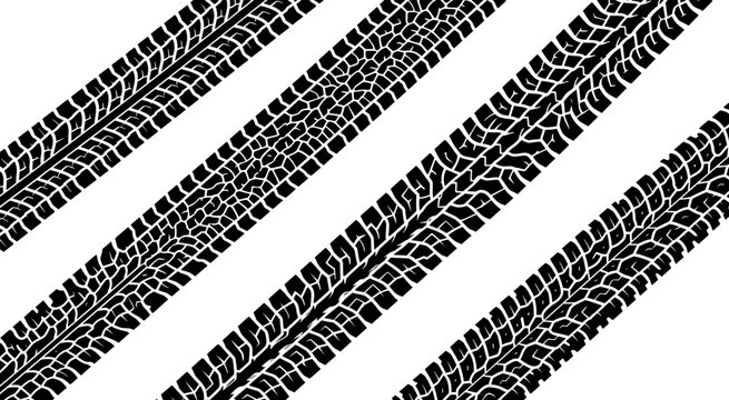 Black tire track patterns arranged in diagonal lines on a plain white background surface
