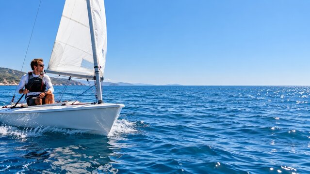 Man sailing a small white dinghy across blue sea under a bright clear sky