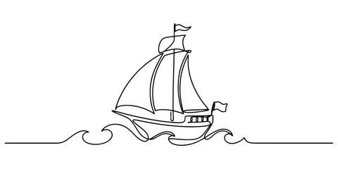 Sailing boat on ocean waves in continuous line style for nautical travel agency branding or marine adventure graphic design. © Radha