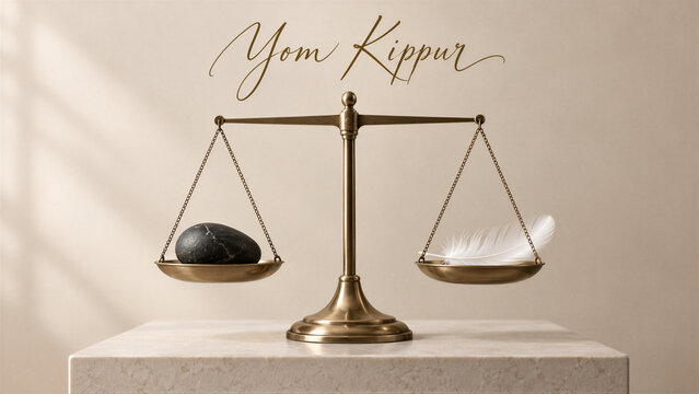 Brass balance scale holding a dark stone and white feather beneath Yom Kippur lettering. Jewish Day of Atonement. Repentance, forgiveness and moral judgment concept. Holiday greeting design.