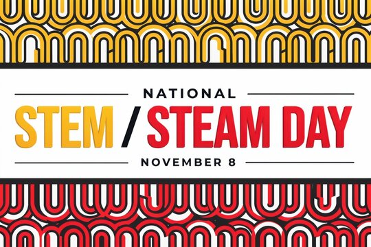 National stem and steam day banner with geometric patterns and typography