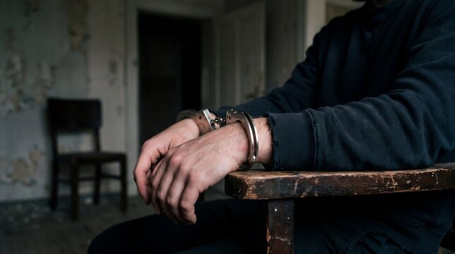 Criminal arrested with handcuffs in abandoned room
