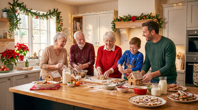 Familia preparando juntos recetas navide&ntilde;as en la cocina, compartiendo creatividad, diversi&oacute;n y tradici&oacute;n durante las fiestas.