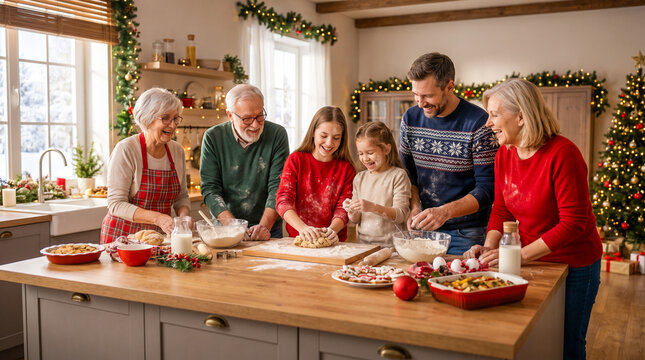 Familia preparando juntos recetas navide&ntilde;as en la cocina, compartiendo creatividad, diversi&oacute;n y tradici&oacute;n durante las fiestas.