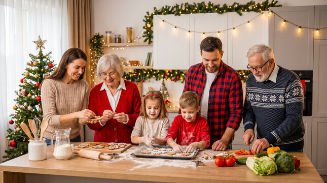 Familia preparando juntos recetas navide&ntilde;as en la cocina, compartiendo creatividad, diversi&oacute;n y tradici&oacute;n durante las fiestas.