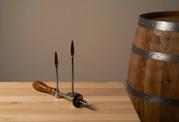 Fototapeta premium Winemaking and craft beverage production, professional wine tasting tools and metal sampling equipment on wooden table with oak barrel in cellar