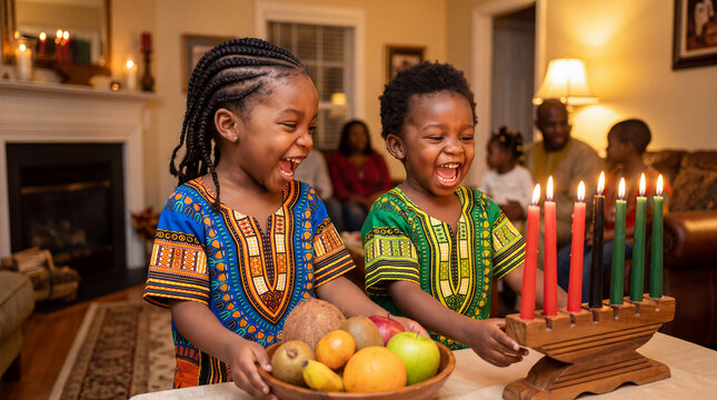 Ghanaian and Kenyan toddlers giggle while setting a Kwanzaa table by warm candlelight for festive cultural promotions.