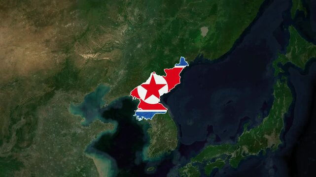 World map animation highlighting north korea with national flag and satellite geography view