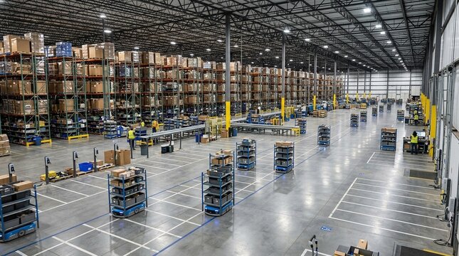 Warehouse with automated pick carts moving autonomously, autonomous mobile robots and order picking efficiency