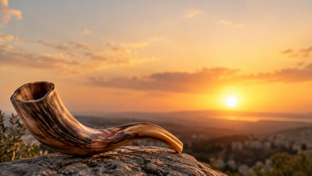 Curved shofar resting on rock above a landscape at sunset. Yom Kippur, Jewish day of atonement, fasting and repentance. Jewish faith, High Holy Days and religious tradition.