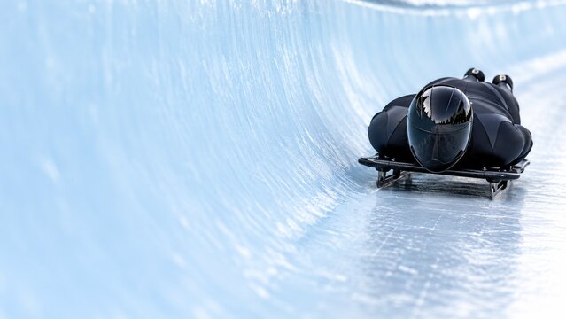 Skeleton Racer Sliding Headfirst on a Low Sled Beside an Icy Track Wall