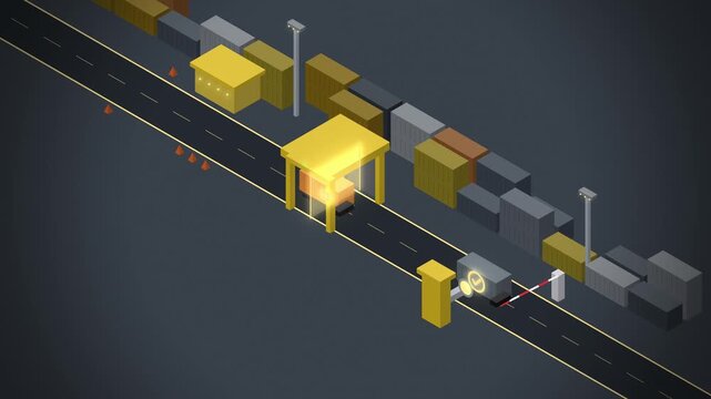 Isometric customs checkpoint with a yellow scanner gate and trucks