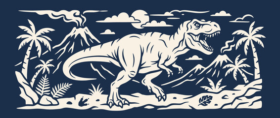 T-Rex dinosaur silhouette on tropical background. Prehistoric reptile illustration. Dinosaur, palm trees, volcanic landscape. White outline style for logos, posters, apparel. Vector illustration. © kuutodomaix