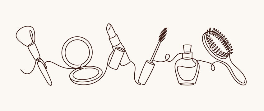 Beauty tools and grooming accessories set. Personal care items line art. Scissors, comb, brush, mirror, perfume, nail clippers, tweezers. Minimalist line art for branding. Vector illustration.