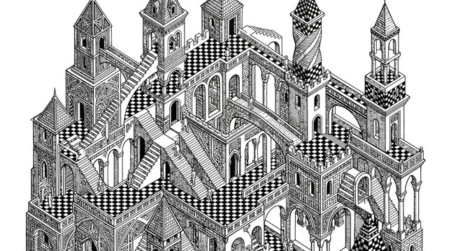 Surreal impossible architecture vector with infinite staircases, optical illusion castle illustration, vintage engraving paradox labyrinth building