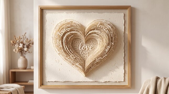 Framed wall featuring a three dimensional paper cutout heart shape with layered textures and the word love written repeatedly