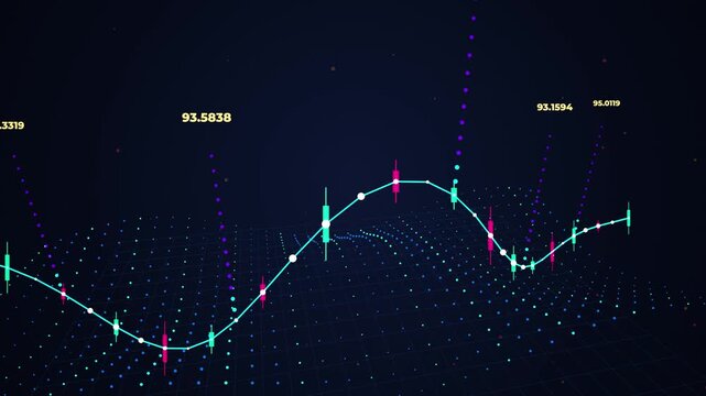 Financial stock market data analysis chart with fluctuating digital numbers on futuristic grid bac