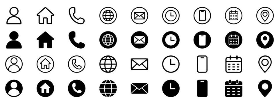 Website Contact icon Set featuring essential navigation symbols like home, phone, email, clock, calendar, and location marker. Universal symbols for interface design, user experience, and navigation.