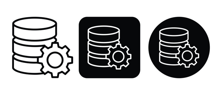 Set of three black and white database configuration line art icons with gear symbol for server management.
