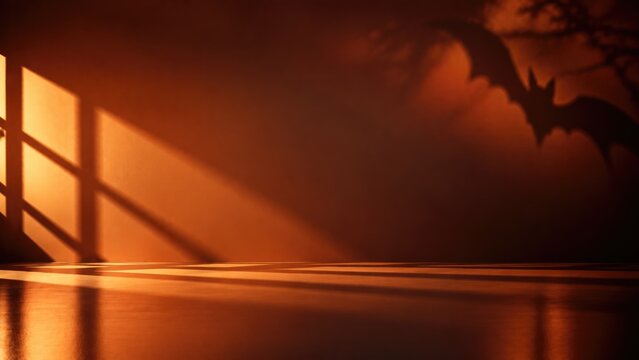 Halloween bat shadow on orange wall with window light and empty floor
