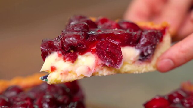 Hand taking a slice of cherry cheesecake pie with cream filling