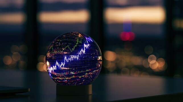 A pristine glass crystal ball on a sleek corporate boardroom table displays a glowing 3D holographic projection of ascending financial charts and stock market growth graphs.