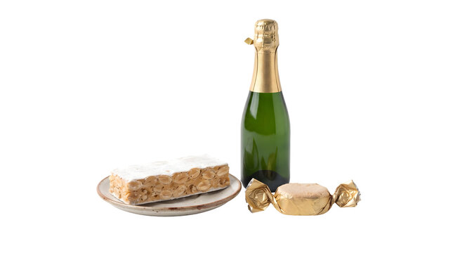 Turr&oacute;n Slice, Polvor&oacute;n and Cava Bottle Isolated Christmas Eve