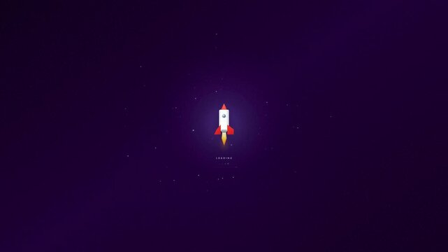 Rocket Launch Loading Animation in Space Background, Minimalist vector rocket launching in space with loading text indicator. Ideal for UI start screen, app launch, motion graphics, and technology.