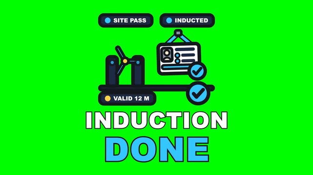4K green screen INDUCTION DONE animated text - the induction record fills in, the pass is signed off and the turnstile lets you on, kinetic typography site health and safety overlay, chroma key