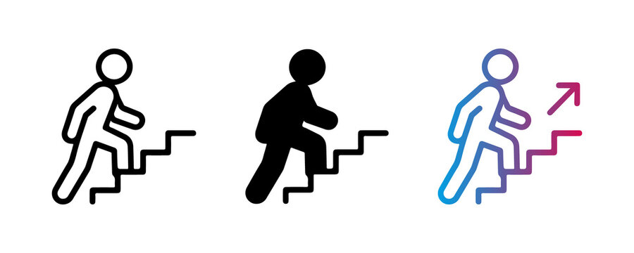 Man walking up stairs icon set in outline black silhouette and colorful gradient vector.